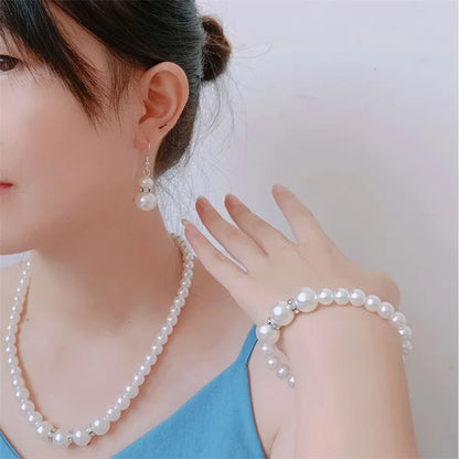 Women's Fashion Bridal Pearl Set Delicate Necklace Earrings Bracelet Jewelry Girls Anniversary Wedding Engagement Birthday Gift