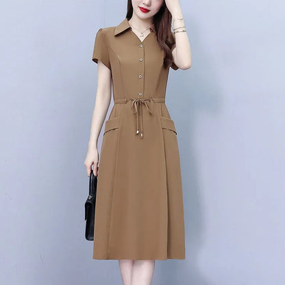 Korean Short Sleeve Midi A-Line Shirt Dress Women Summer Fashion Adjustable Waist Casual Dresses Office Lady Casual Vestidos Muj