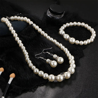 Women's Fashion Bridal Pearl Set Delicate Necklace Earrings Bracelet Jewelry Girls Anniversary Wedding Engagement Birthday Gift