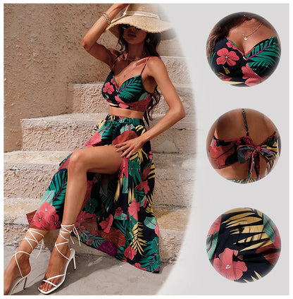 Tops Long Dress for Women Summer Fashion Two Pieces Skirt Beach Style Floral Print Midi Sexy Boho Sets