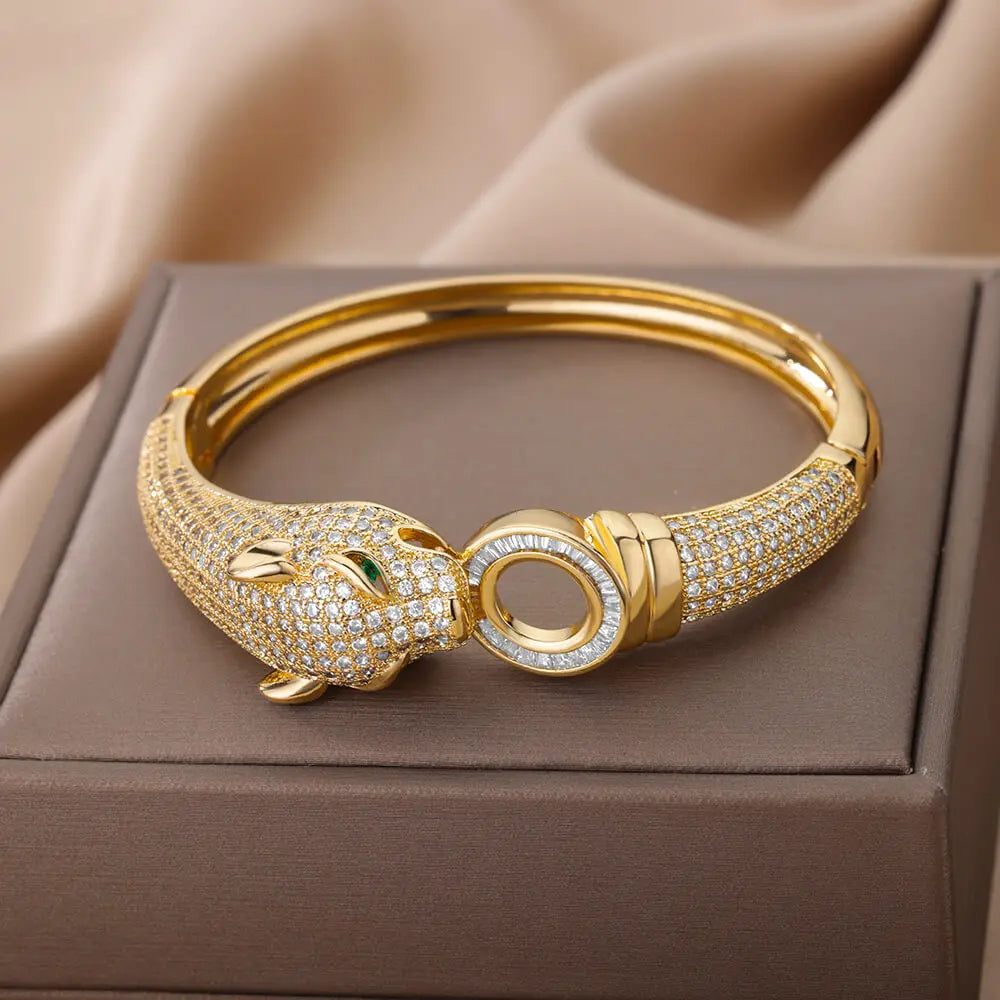 Cubic Zirconia Leopard Bangle Bracelet for Women Luxury Stainless Steel Bracelets Female Wedding Jewelry Valentines Day Gift