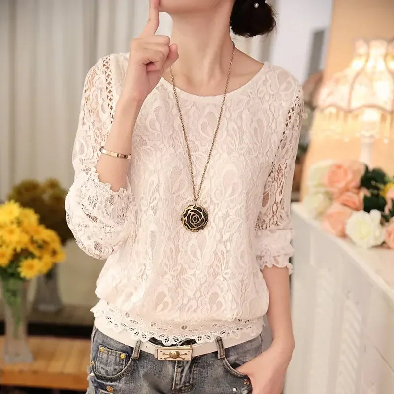 Ladies White Women Long Sleeve Chiffon shirt  blouse Lace solid elegant