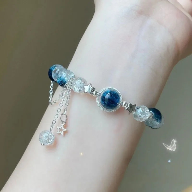 Blue Color Fashion Delicate Galaxy Glass Handmade Beaded Elastic Braclet for Women Girls New Sweet Best Friend Bracelet Jewelry