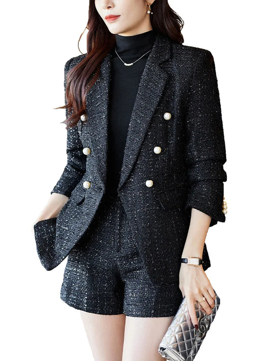 "2024 Autumn-Winter Black Plaid Elegant Office Wear: Women's 2-Piece Blazer and Short Pant Suit Set"