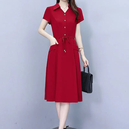 Korean Short Sleeve Midi A-Line Shirt Dress Women Summer Fashion Adjustable Waist Casual Dresses Office Lady Casual Vestidos Muj