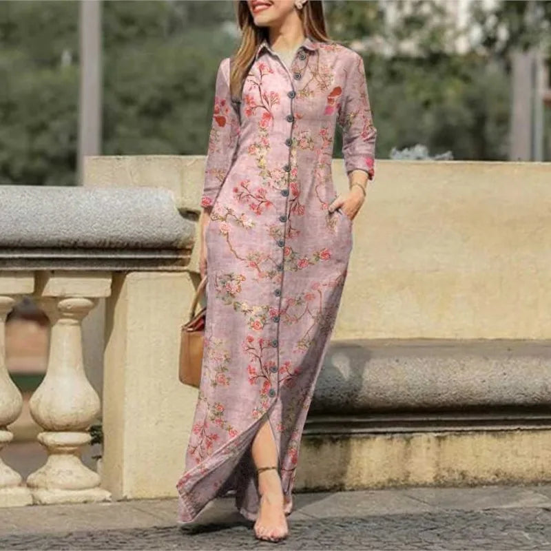 Women's Long Sleeve Button Shirt Dress, Leisure Positioning Print, Retro Pocket, Polo Collar, Elegant Fashion, Autumn, Winter