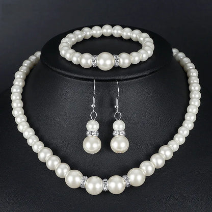 Women's Fashion Bridal Pearl Set Delicate Necklace Earrings Bracelet Jewelry Girls Anniversary Wedding Engagement Birthday Gift