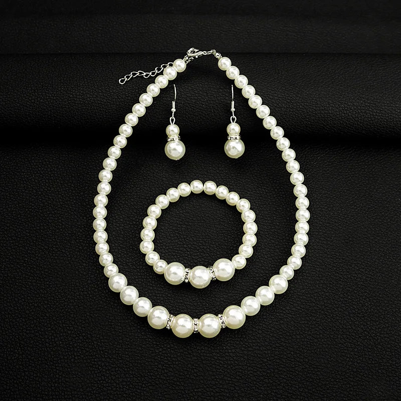 Women's Fashion Bridal Pearl Set Delicate Necklace Earrings Bracelet Jewelry Girls Anniversary Wedding Engagement Birthday Gift