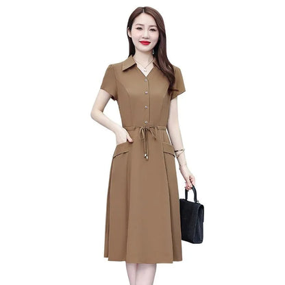 Korean Short Sleeve Midi A-Line Shirt Dress Women Summer Fashion Adjustable Waist Casual Dresses Office Lady Casual Vestidos Muj