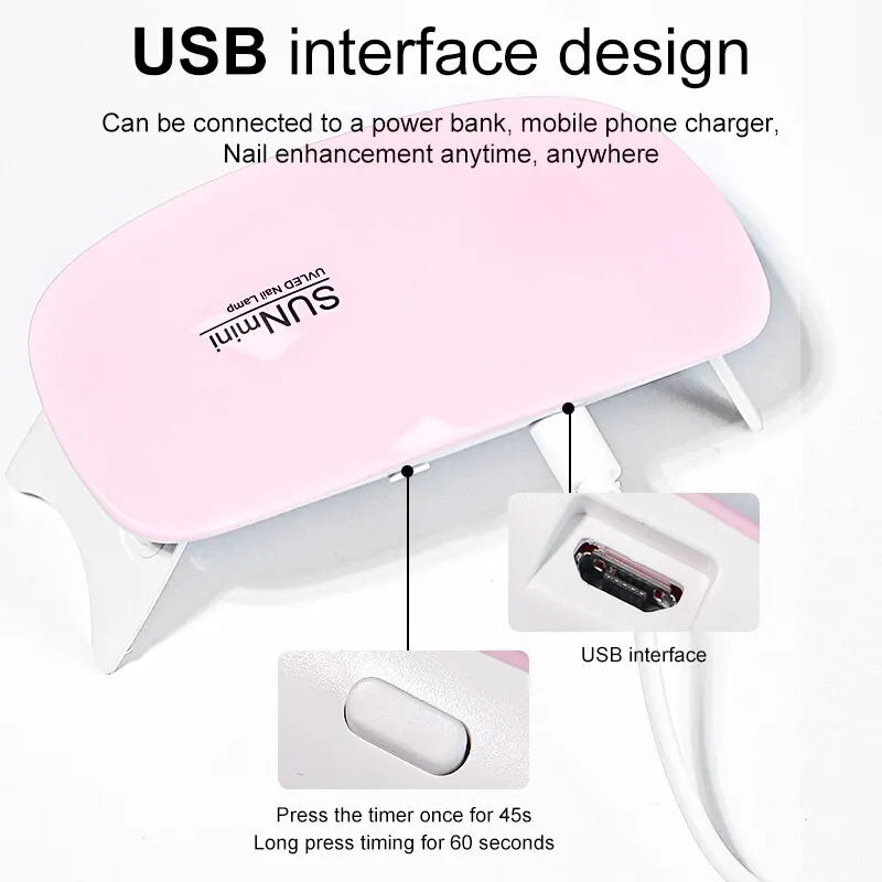 "Compact 6W Mini Nail Dryer: Portable 6 LED UV Lamp for Perfectly Dried Polish – Ideal for Home Use with USB Power!"