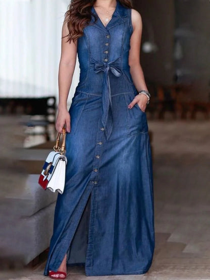 Summer Plus Size Women's Dress Fashion Loose Flat Neck Wash Denim Bow Tank Top Dress Sleeveless Dress Beach Sun Dress Vestidos