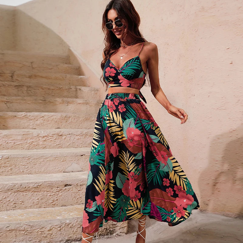 Tops Long Dress for Women Summer Fashion Two Pieces Skirt Beach Style Floral Print Midi Sexy Boho Sets