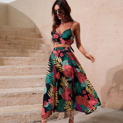 Tops Long Dress for Women Summer Fashion Two Pieces Skirt Beach Style Floral Print Midi Sexy Boho Sets