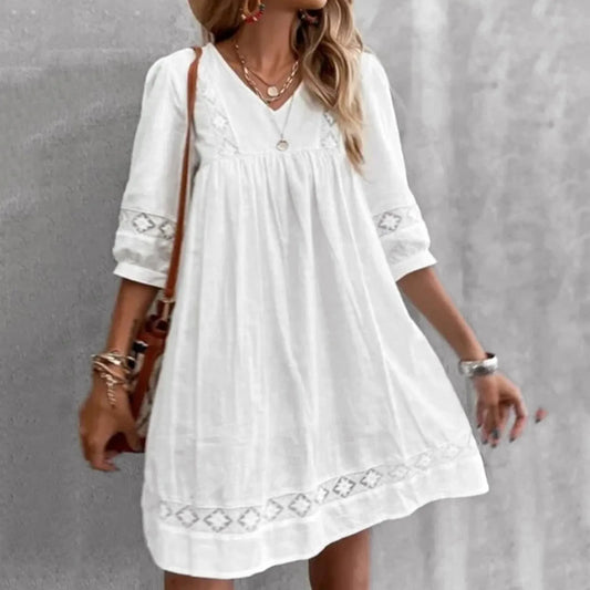 Boho Sundress For Women Casual Summer Lace Dress V Neck Short Sleeve  Dress Beach Dress Swing Dress Fashion Slim Lace Midi Dress