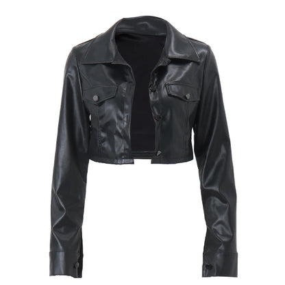 "Xeemilo Autumn Faux Leather Short Jacket: Y2K-Inspired Turn-Down Collar with Chic Button Detailing"