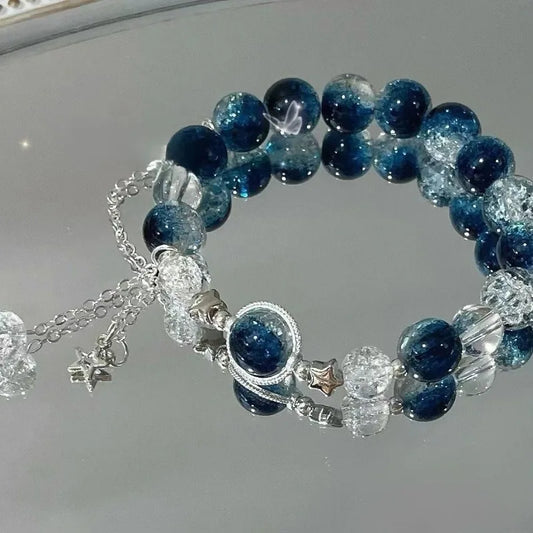 Blue Color Fashion Delicate Galaxy Glass Handmade Beaded Elastic Braclet for Women Girls New Sweet Best Friend Bracelet Jewelry